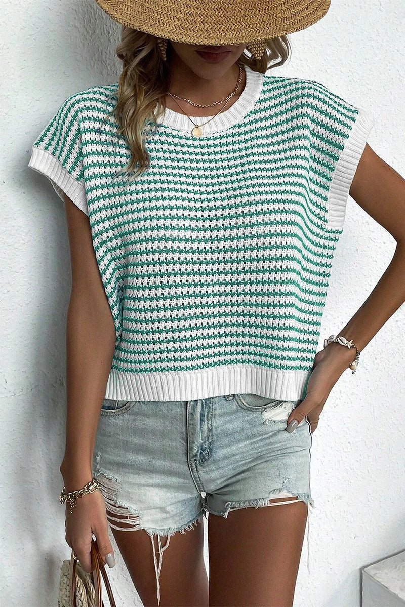 Load image into Gallery viewer, DLLS509 - Ladies Green Stripe Ribbed Trim Loose Fit Knitted Sweater Vest
