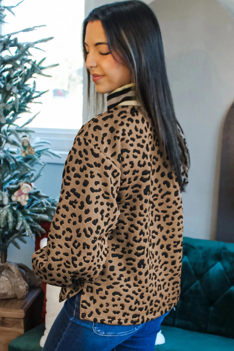 Load image into Gallery viewer, DLLS729 - Ladies Brown Leopard Print Striped Trim Collar Long Sleeve Shift Pullover
