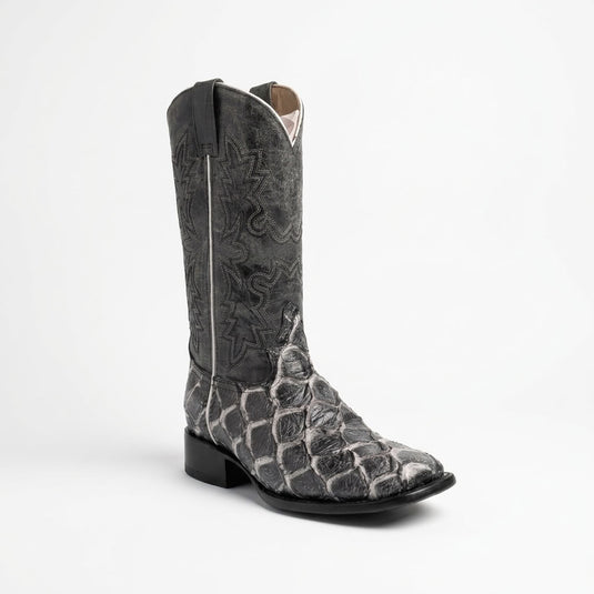 CP5013 - Cowboy Prayer Hand Crafted Blk/Wht/Grey Pirarucu Print Cowboy Boots