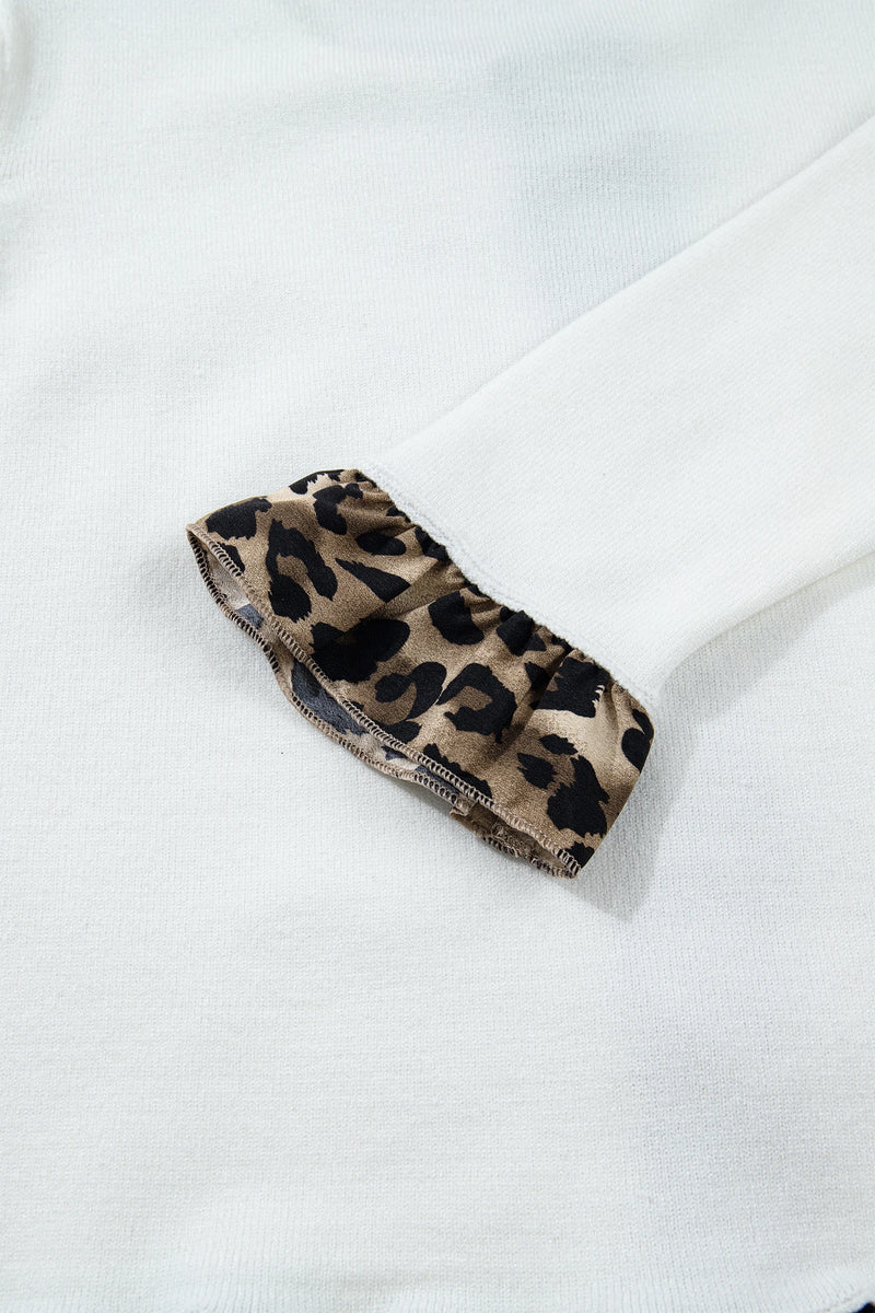 Load image into Gallery viewer, DLLS371 - Ladies White Knitted Leopard Ruffle Patchwork Button Down Cropped Cardigan
