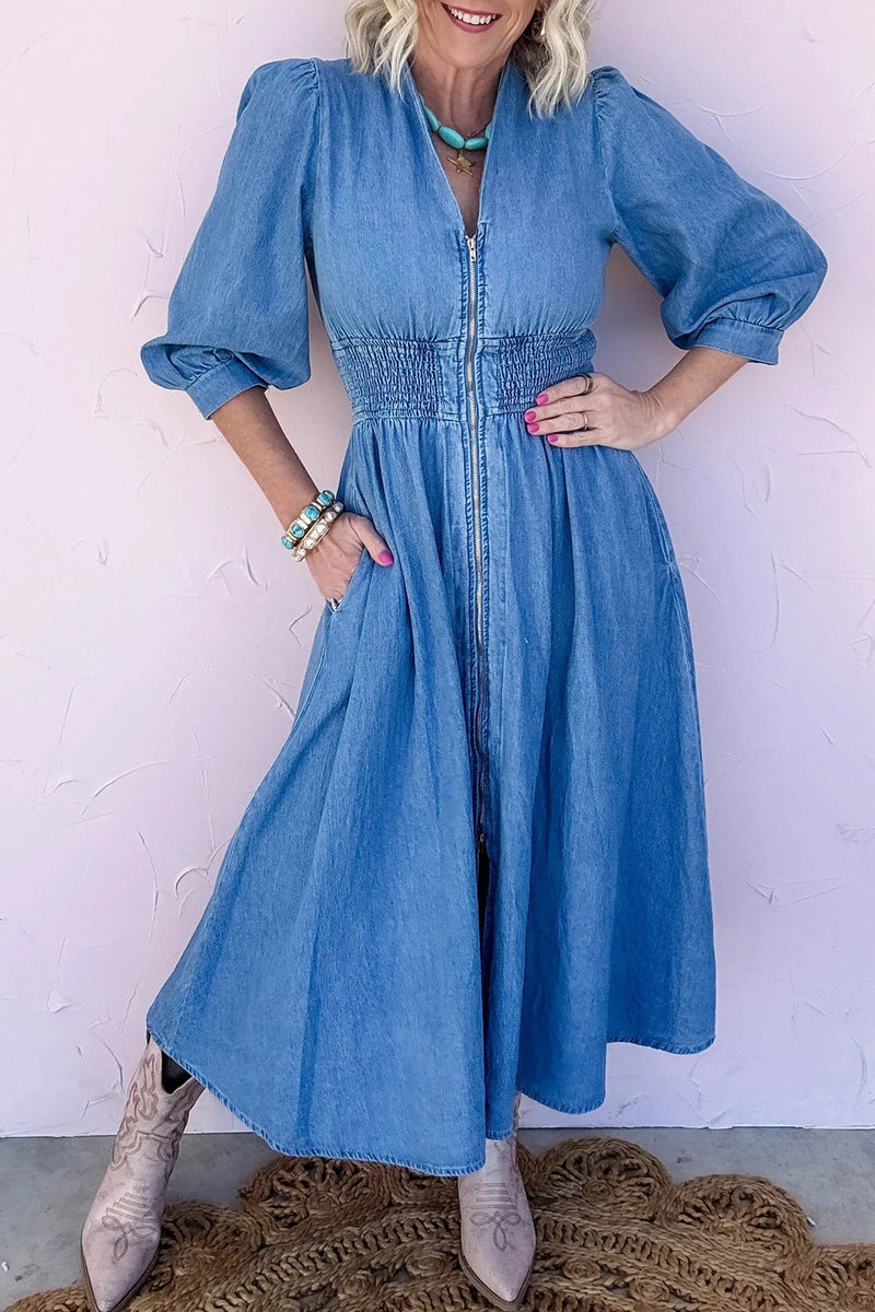 Load image into Gallery viewer, DLLS668 - Ladies Blue Shirred Waist Midi Dress Zip Front Puff Sleeve Casual Shift Denim Dress
