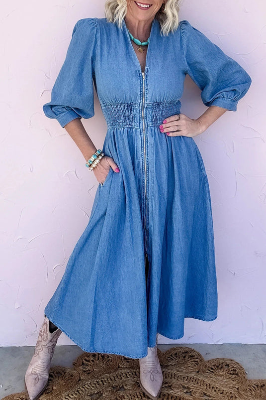 DLLS668 - Ladies Blue Shirred Waist Midi Dress Zip Front Puff Sleeve Casual Shift Denim Dress
