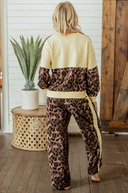 DLLS1086 - Ladies Brown Leopard Print Long Sleeve V-Neck Wide Leg Pant Set