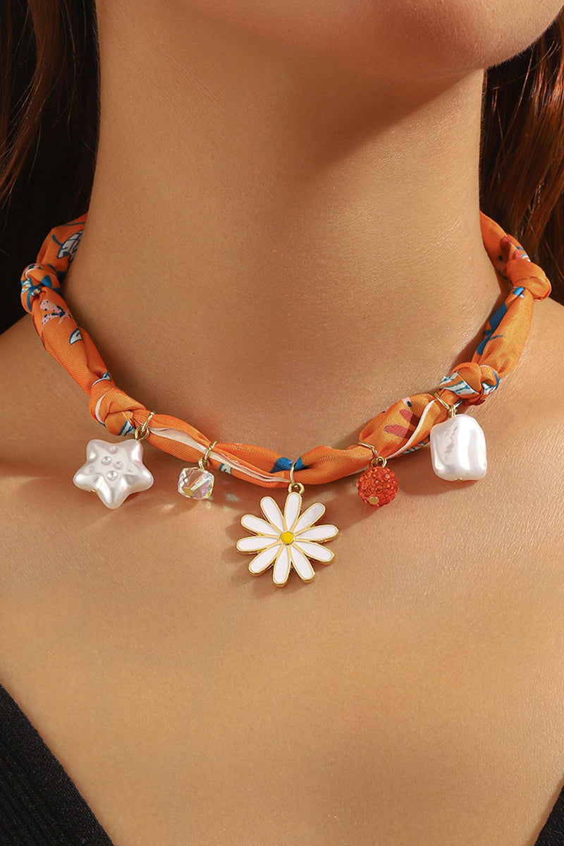 Load image into Gallery viewer, DLLNK 9 - Orange Dragonfly Print Daisy Flower Pearl Crystal Decor Ribbon Necklace

