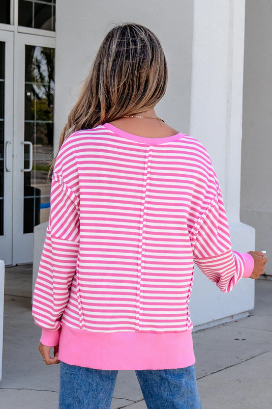 DLLS1134 - Ladies Pink Stripe Textured Knit Color Block Trim Split Hem Long Sleeve Top