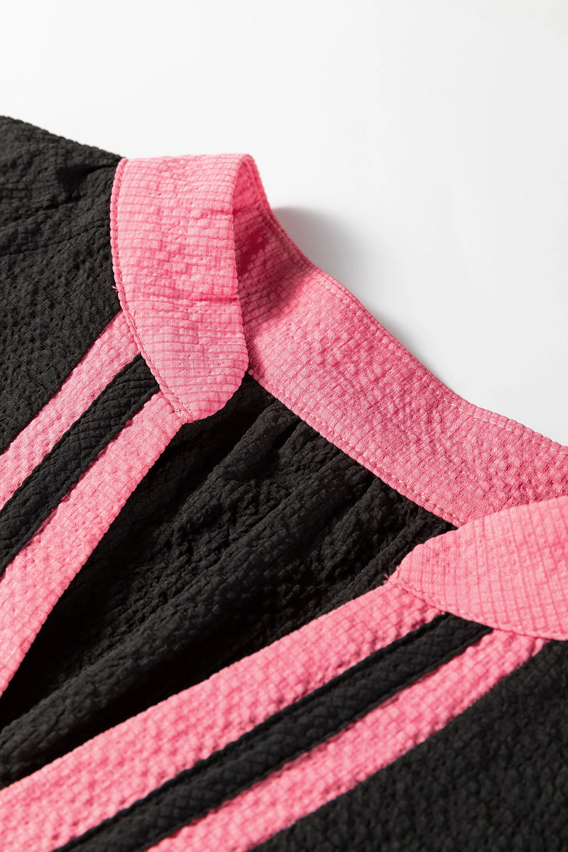 Load image into Gallery viewer, DLLS434 - Ladies Black Color Block Patchwork Detail V Neck Textured Long Sleeve Blouse
