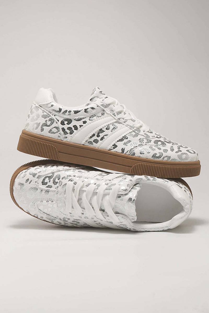 Load image into Gallery viewer, DLLSHOE 95 - Silvery Metallic Leopard Print Lace Up Flat Shoes
