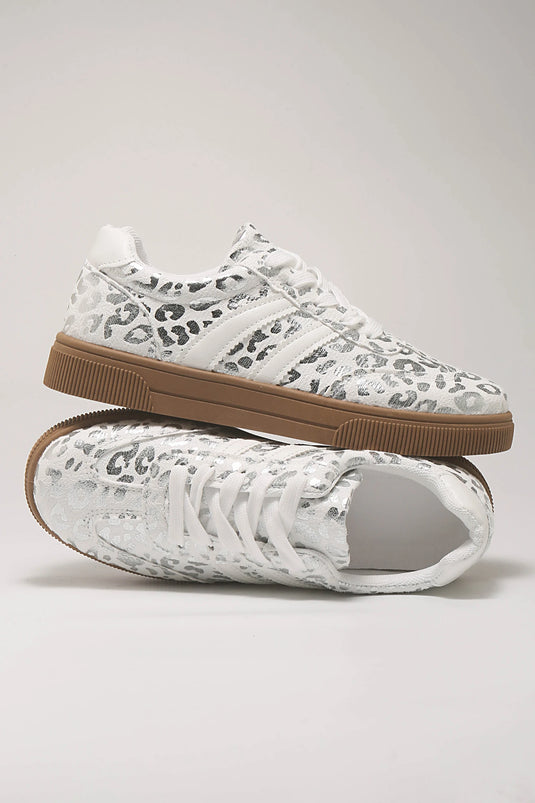 DLLSHOE 95 - Silvery Metallic Leopard Print Lace Up Flat Shoes