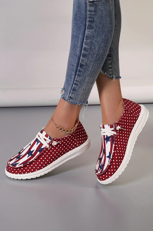 DLLSHOE 202 - Racing Red Polka Dot Stars and Stripes Independent Day Casual Shoes