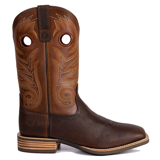 PLT103615 - Palitutu Men's Brown Embroidered Full-Grain Leather Square Toe Western Boots