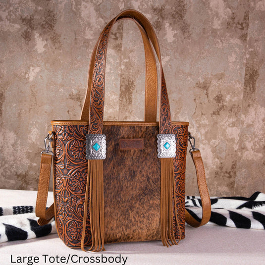 WG66-G2002BR - Wrangler Hair-On Cowhide Vintage Floral Concealed Carry Tote/Crossbody - Brown