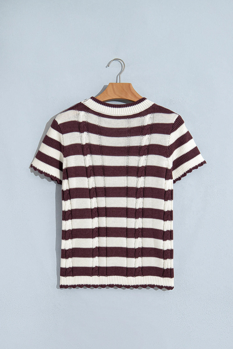 Load image into Gallery viewer, DLLS1151 - Ladies Brown Stripe Ribbed Knit Cable Detail Short Sleeve Sweater
