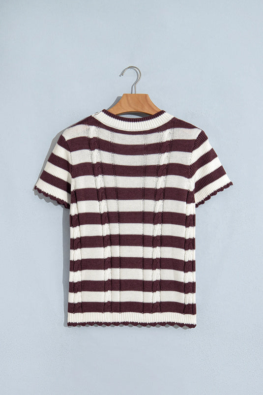DLLS1151 - Ladies Brown Stripe Ribbed Knit Cable Detail Short Sleeve Sweater