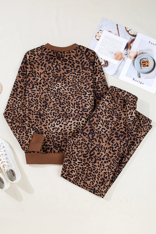 DLLS312 - Ladies Coffee Leopard Print Contrast Trim Long Sleeve Top and Pants Set