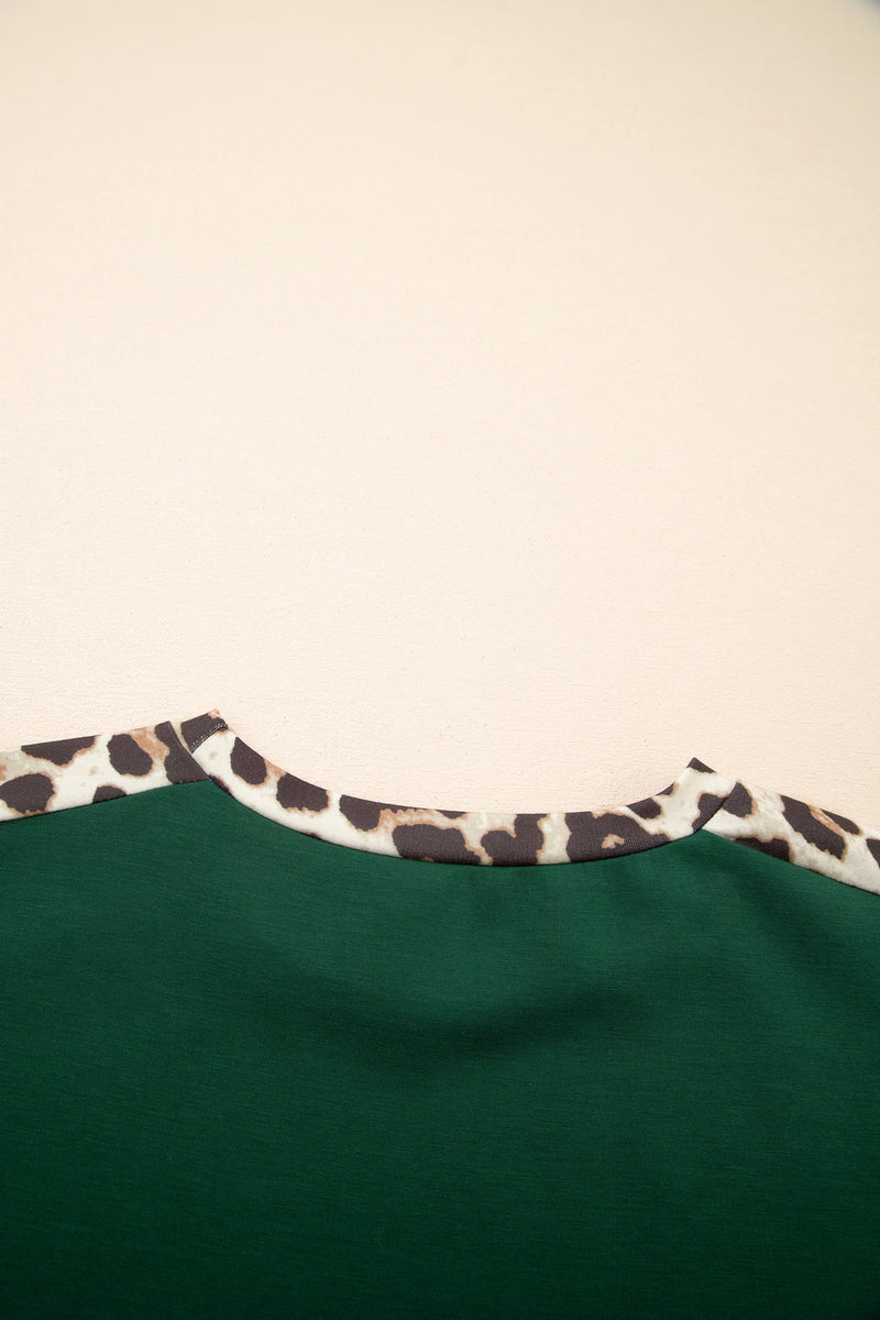 Load image into Gallery viewer, DLLS510 - Ladies Sea Green Leopard Trim Round Neck Loose T Shirt
