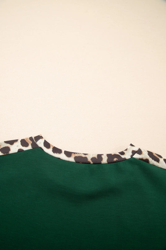 DLLS510 - Ladies Sea Green Leopard Trim Round Neck Loose T Shirt