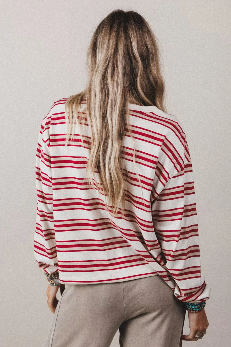 Load image into Gallery viewer, DLLS680 - Ladies Red Stripe Long Sleeve Striped Top

