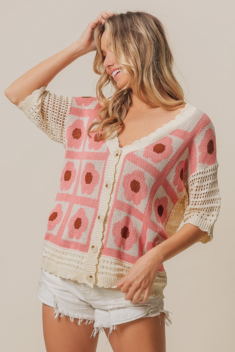 Load image into Gallery viewer, BIBI14- Ladies Flower Printed Crochet Buttoned Cardigan
