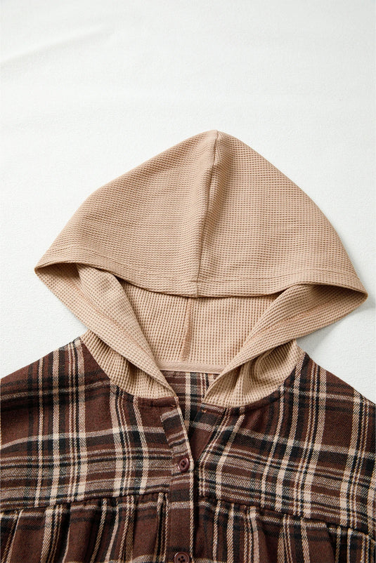 DLLS327 - Ladies Brown Plaid Patchwork Long Sleeve Button Hooded Blouse
