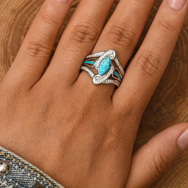 Load image into Gallery viewer, TMRG1 - Turquoise/Zirconia Horse Eye Shaped Ring
