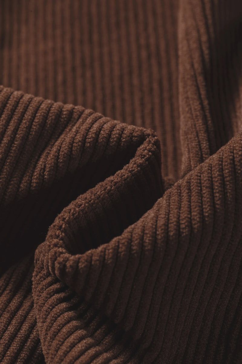 Load image into Gallery viewer, DLLS727 - Ladies Coffee Color Ruffle Trim V Neck Long Sleeve Button Corduroy Shakcet
