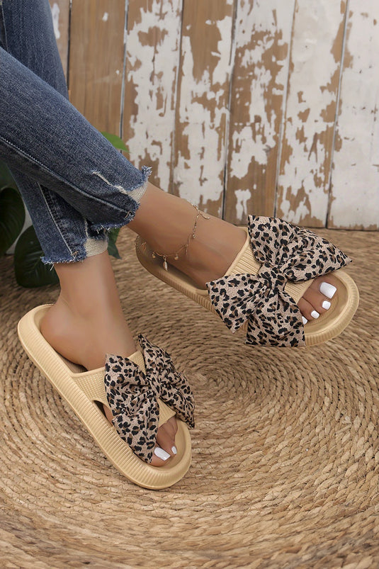 DLLSHOE 37 - Khaki Contrast Leopard Bow Decor Casual Comfort Slippers