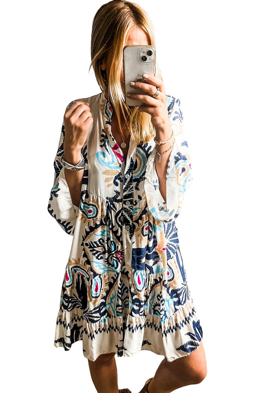 DLLS447 - Ladies White Printed Tribal Bracelet Sleeve Buttoned Mini Dress