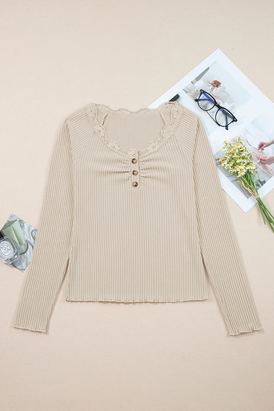 DLLS407 - Ladies Beige Lace Neckline Button Decor Lettuce Edge Long Sleeve Ribbed Top