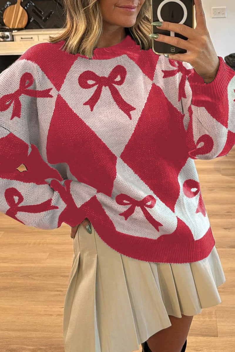 Load image into Gallery viewer, DLLS232 - Ladies Red Bow Print 2-tone Rhombus Knit Loose Sweater
