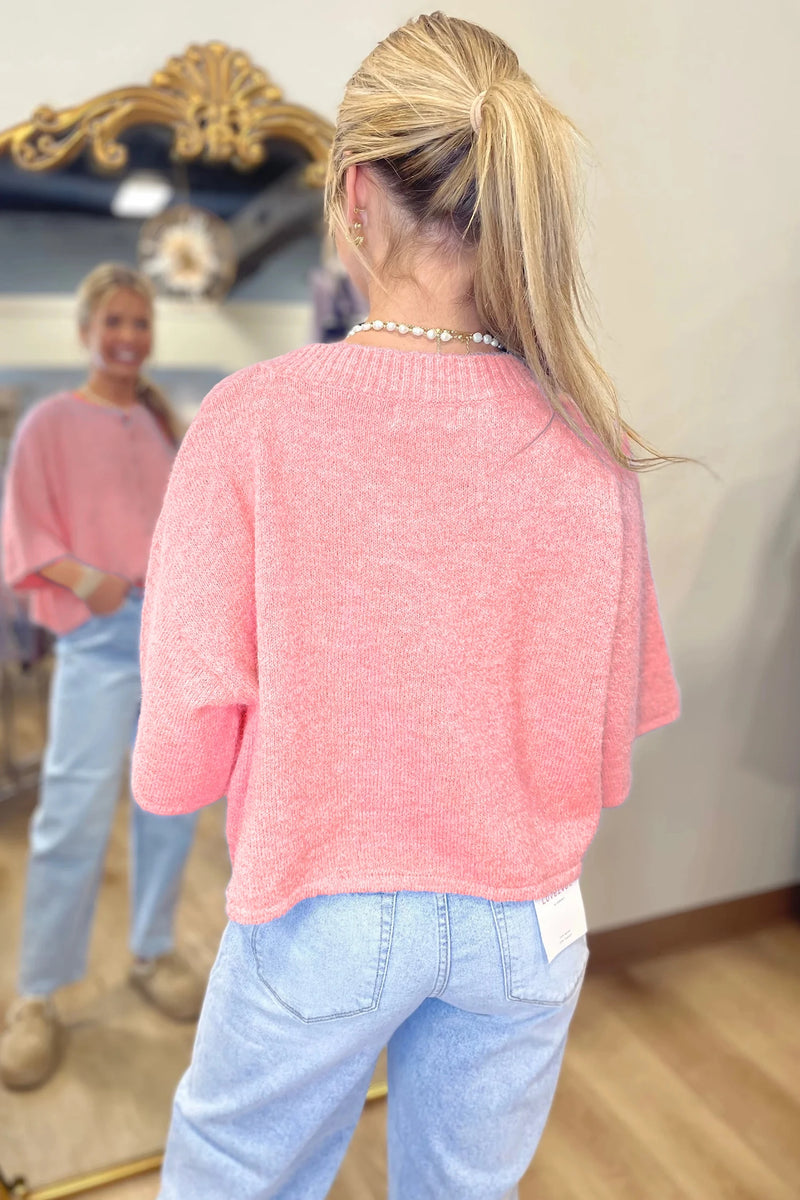 Load image into Gallery viewer, DLLS437 - Ladies Peach Blossom 3/4 Sleeve Boxy Knit Button Down Sweater Cardigan
