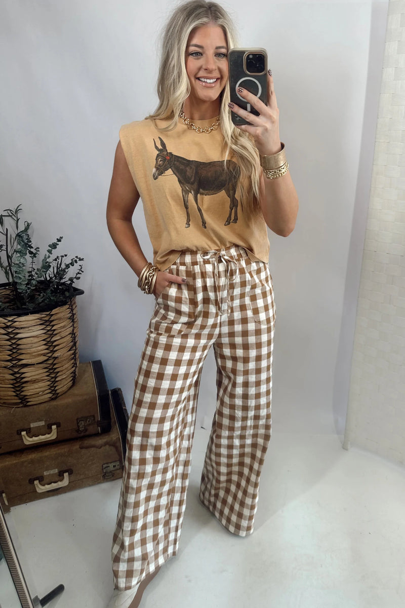 Load image into Gallery viewer, DLLS763 - Ladies Brown Gingham Plaid Tie Elastic Waist Shift Pants
