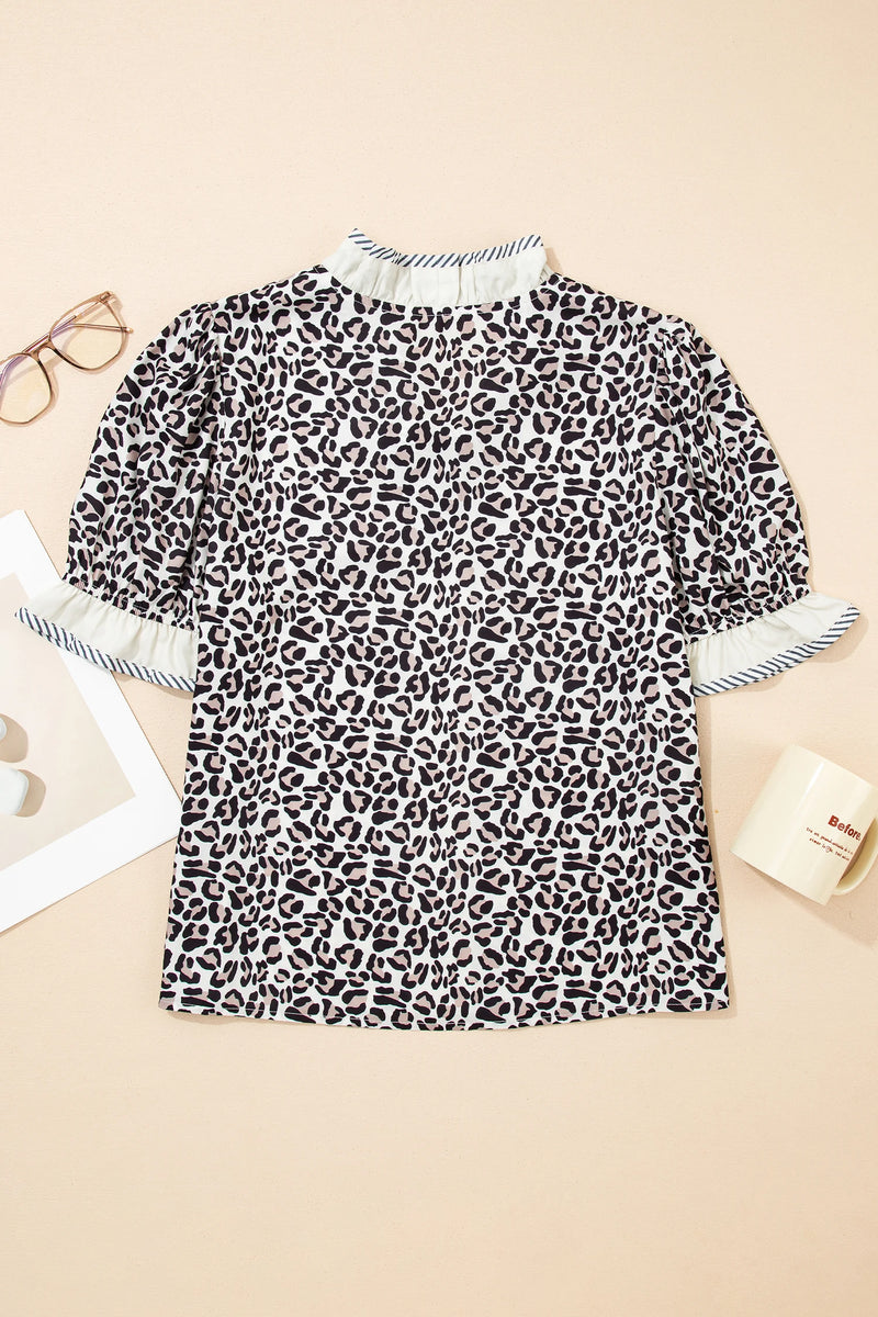 Load image into Gallery viewer, DLLS368 - Ladies Black Leopard Print Striped Ruffled Color Block Trim V Neck Short Sleeve Blouse
