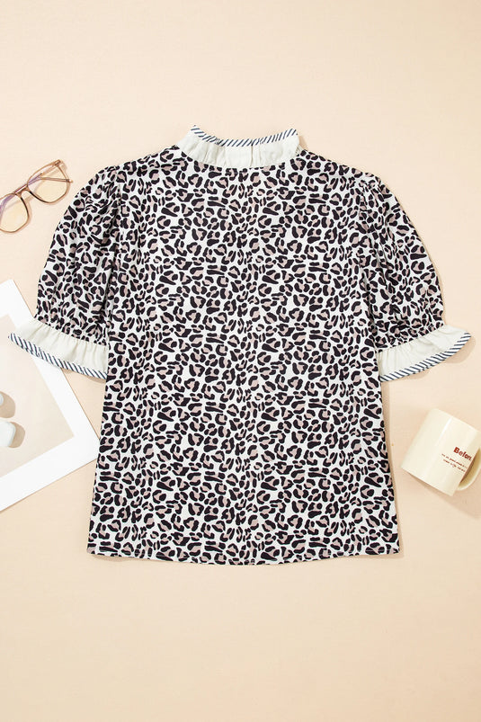 DLLS368 - Ladies Black Leopard Print Striped Ruffled Color Block Trim V Neck Short Sleeve Blouse