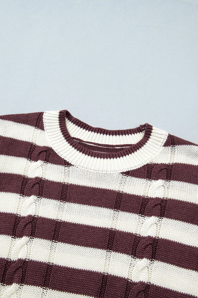 Load image into Gallery viewer, DLLS1151 - Ladies Brown Stripe Ribbed Knit Cable Detail Short Sleeve Sweater
