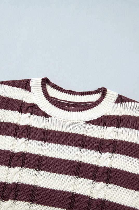 DLLS1151 - Ladies Brown Stripe Ribbed Knit Cable Detail Short Sleeve Sweater