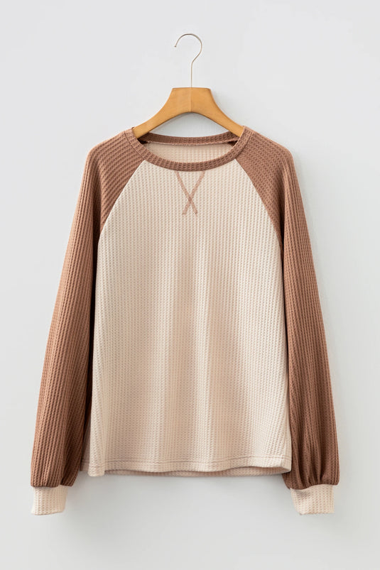 DLLS246 - Ladies Camel Waffle Color Block Raglan Sleeve Top