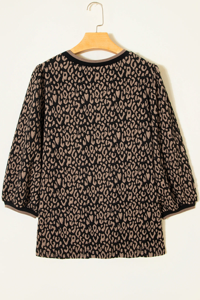 Load image into Gallery viewer, DLLS386- Ladies Black Leopard Print Puffy Bracelet Sleeve Contrast Trim Round Neck Top
