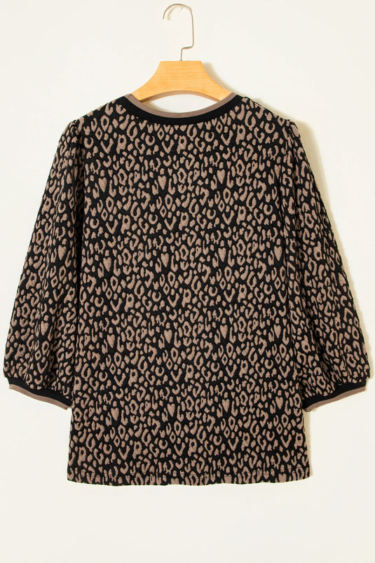 DLLS386- Ladies Black Leopard Print Puffy Bracelet Sleeve Contrast Trim Round Neck Top