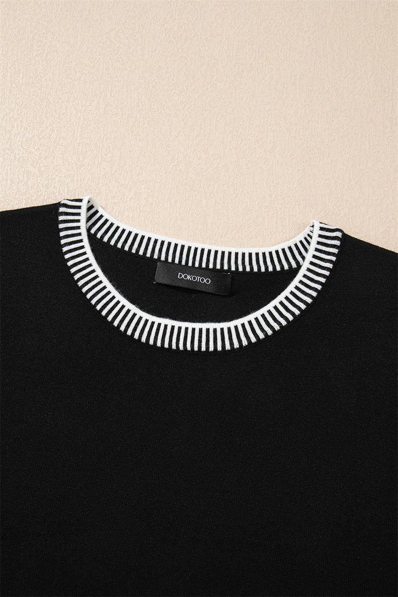 Load image into Gallery viewer, DLLS520 - Ladies Black Contrast Striped Trim Round Neck Half Sleeve Sweater
