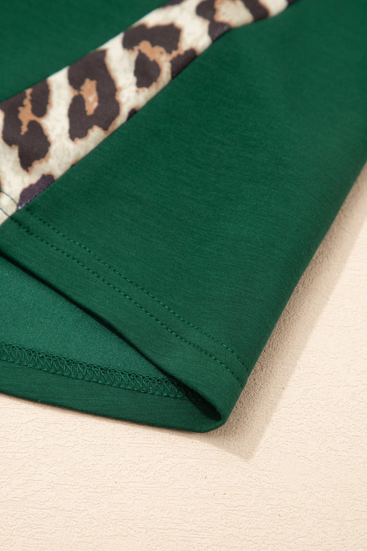 DLLS510 - Ladies Sea Green Leopard Trim Round Neck Loose T Shirt
