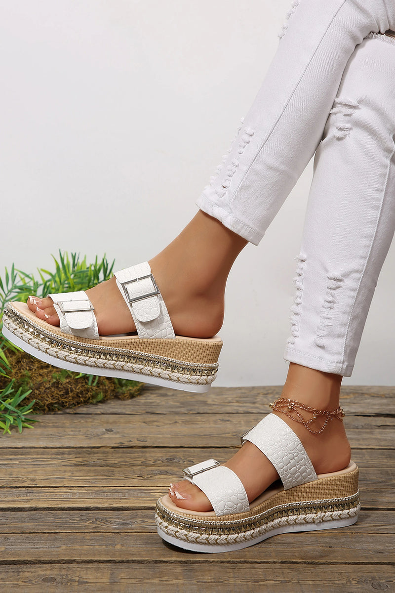 Load image into Gallery viewer, DLLSHOE 162 - White Metallic Textured PU Leather Buckle Wedge Platform Slippers
