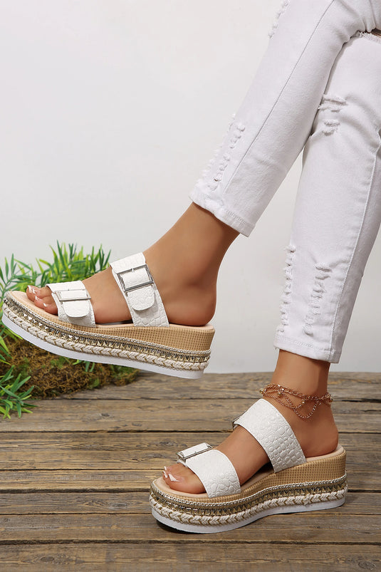 DLLSHOE 162 - White Metallic Textured PU Leather Buckle Wedge Platform Slippers