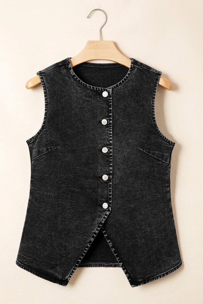 Load image into Gallery viewer, DLLS583 - Ladies Black Buttoned Front Slit Denim Vest
