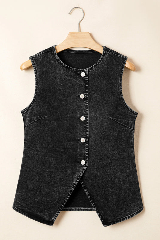 DLLS583 - Ladies Black Buttoned Front Slit Denim Vest