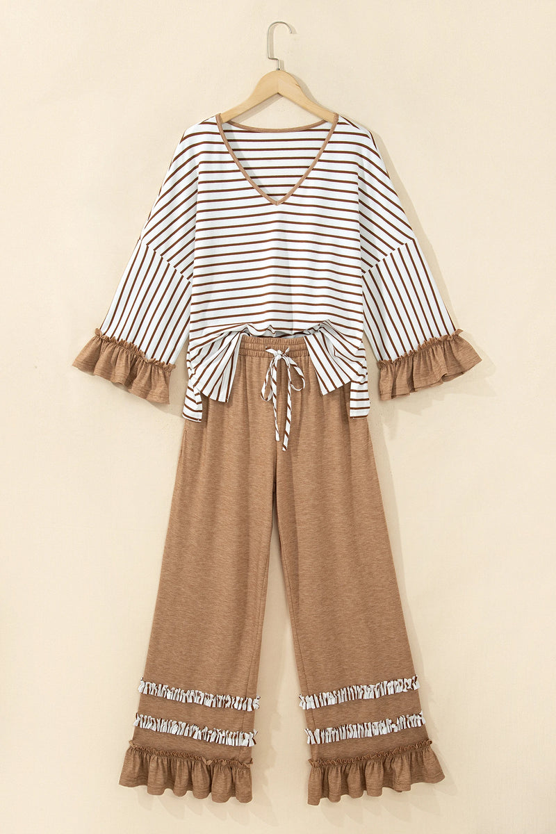 Load image into Gallery viewer, DLLS1030 - Ladies Khaki Stripe V Neck Ruffle Sleeve Top Drawstring Pants 2pcs Set
