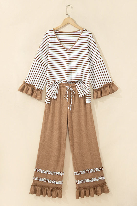 DLLS1030 - Ladies Khaki Stripe V Neck Ruffle Sleeve Top Drawstring Pants 2pcs Set