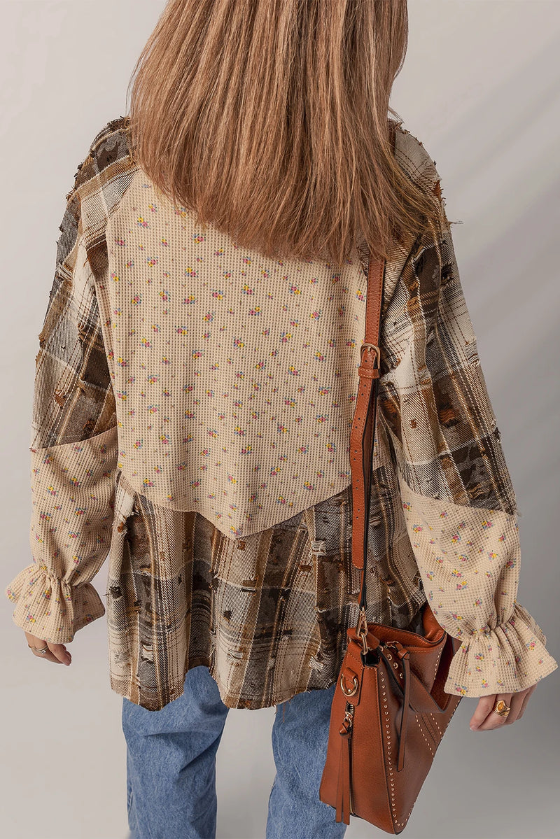 Load image into Gallery viewer, DLLS176 - Oatmeal Boho Floral Plaid Patchwork Distressed Detail Ruffled Sleeve Waffle Knit Shacket

