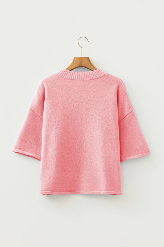 DLLS437 - Ladies Peach Blossom 3/4 Sleeve Boxy Knit Button Down Sweater Cardigan