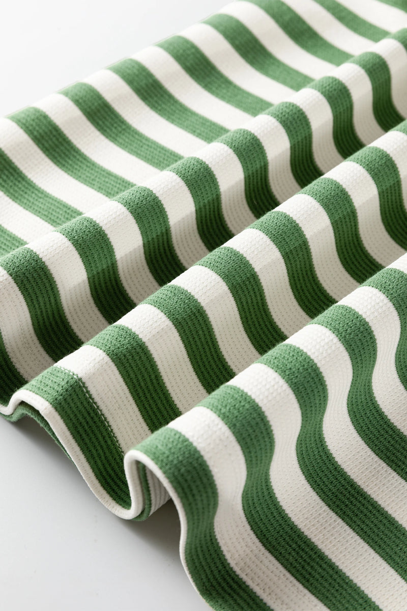 Load image into Gallery viewer, DLLS435 - Ladies Green Stripe Short Puff Sleeve Contrast Trim Round Neck Tee

