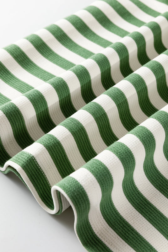 DLLS435 - Ladies Green Stripe Short Puff Sleeve Contrast Trim Round Neck Tee